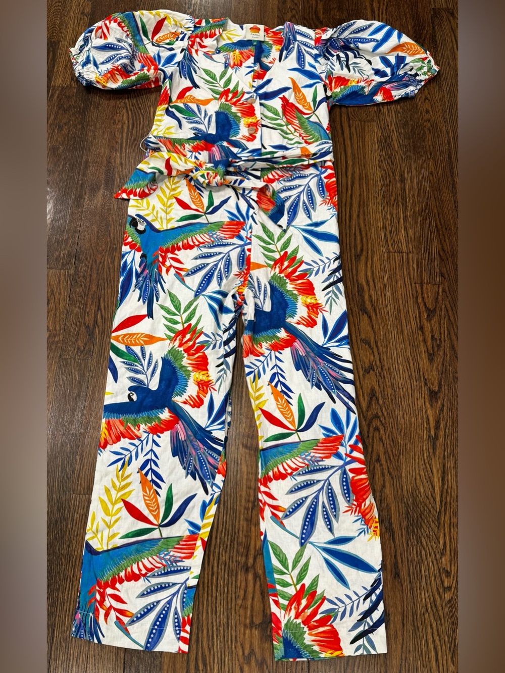 Farm Rio Women's Macaw Flight Jumpsuit V-Neck Puff Sleeve Size XS Multicolor